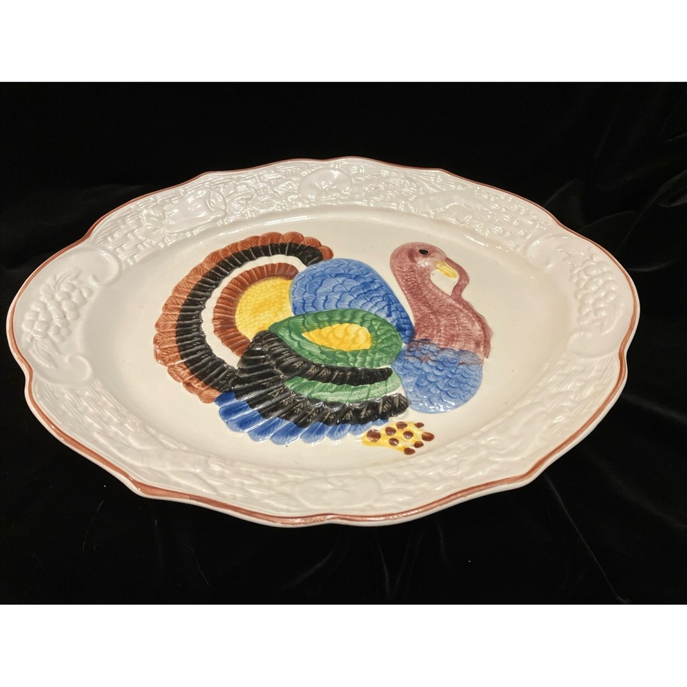 Vintage California Pottery Turkey Platter 18" Hand Painted MCM Thanksgiving